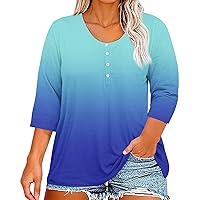 3/4 Sleeve Shirts Womens Henley V Neck Summer Spring Tops Button Down Elbow Sleeve Tshirts Floral Print Tunic Blouses