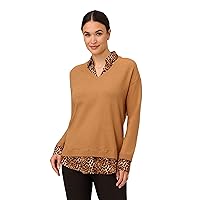 Adrianna Papell Women's Printed Woven Collar Twofer, Camel W/Basic Cheetah