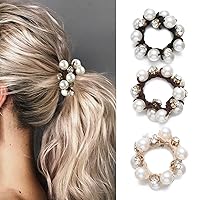 Pearl Hair Ties Black Elastic Hair Scrunchies Brown Pearl Hair Bands Crystal Hair Ropes Hair Accessories for Women and Girls (Pack of 3)