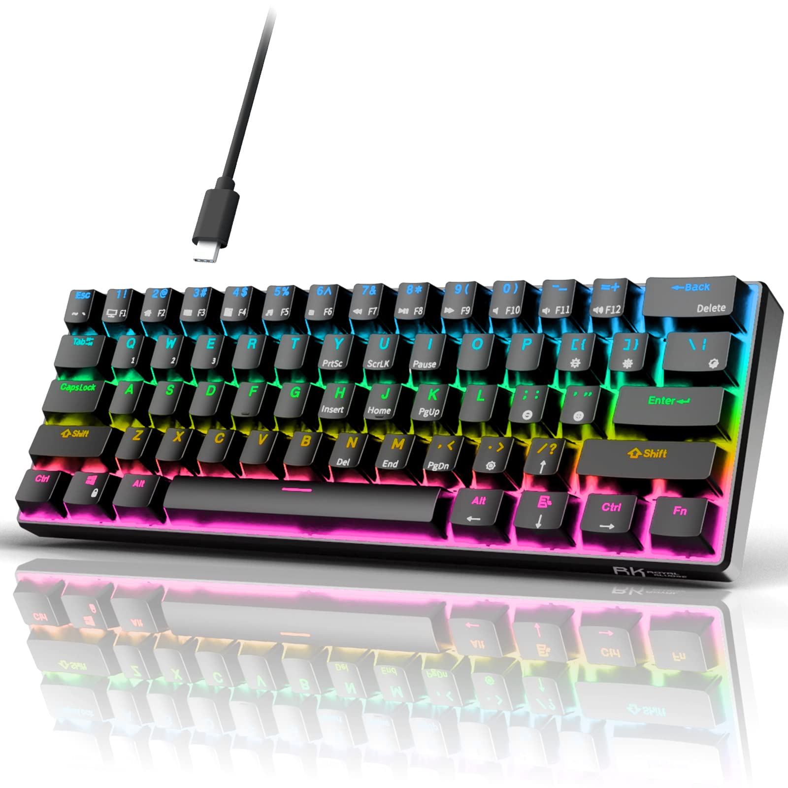 RK ROYAL KLUDGE RK61 Wired 60% Mechanical Gaming Keyboard RGB Backlit Ultra-Compact Hot-Swappable Brown Switch Black