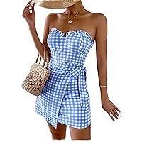 Necklaces for Women Gingham Frill Trim Wrap Knot Side Tube Dress (Color : Blue, Size : XS)