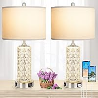 Table Lamps for Bedroom Set of 2, Nickel Beside Lamps with Dual USB Charging Ports, Silver Modern Crystal Nightstand Lamps with LED Night Light for Living Room Study End Tables, Bulbs Not Included