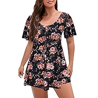 ECUPPER Womens One Piece Swimsuit with Sleeves Plus Size Swim Dress Modest Tummy Control Skirt Bathing Suit Built in Shorts