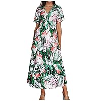 Women Tropical Flower Waist-Defined Casual A-Line Dress Lace-Up Back Short Sleeve V Neck Tiered Ruffle Beach Dress