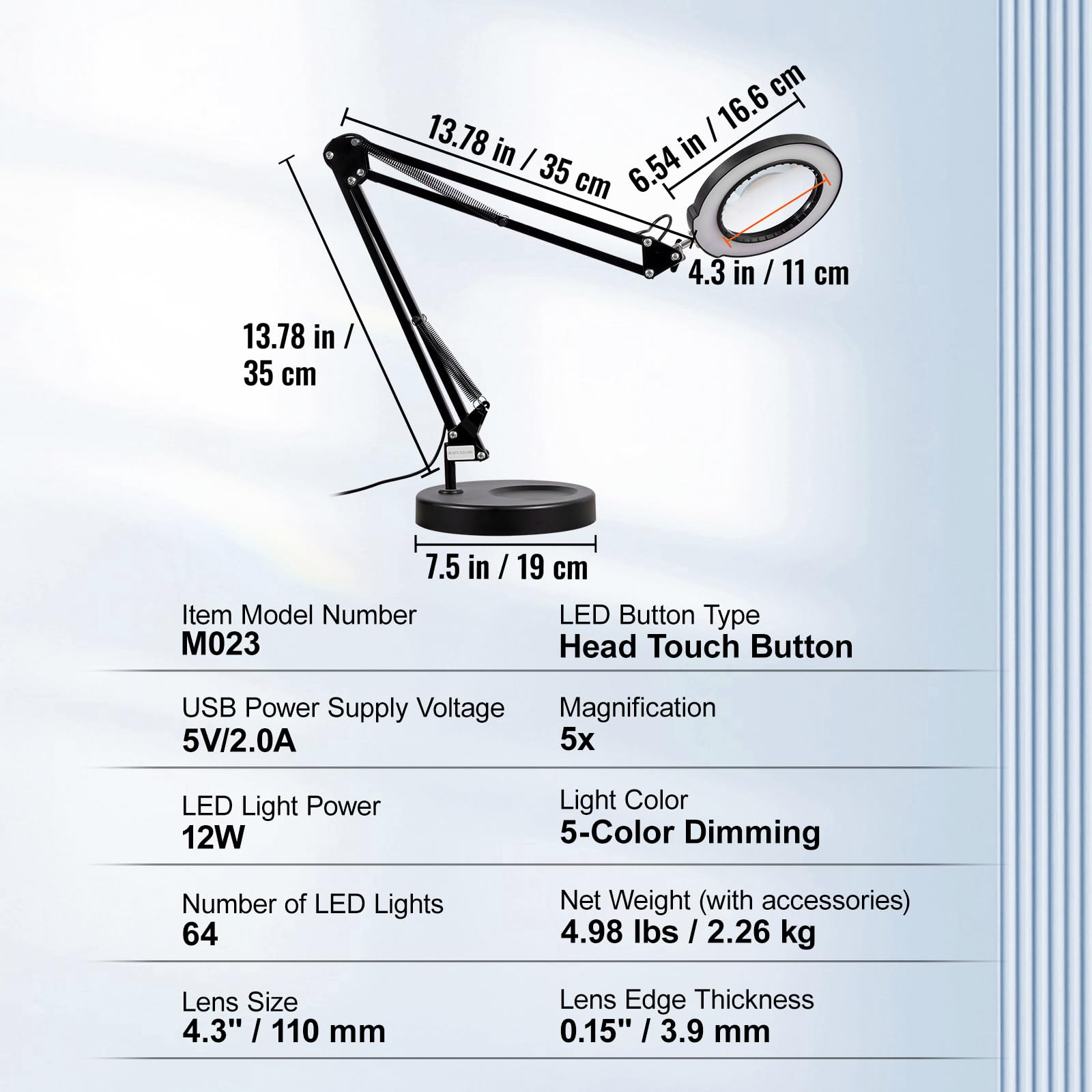 VEVOR 5X Magnifying Glass with Light and Stand, 【Upgraded】 5 Color Modes Stepless Dimmable, 4.3