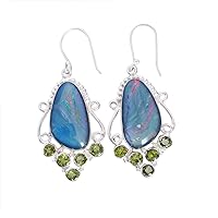 Triplet Fire Opal & Peridot Gemstone 925 Solid Sterling Silver Dangle Earrings Gorgeous Designer Jewelry Gift For Her
