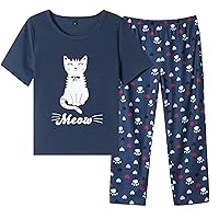Vopmocld Big Girls' 2-Piece Cotton Pajamas Cute Cat Panda Sleepwear Short Sleeve Long Pants Nighty Sets