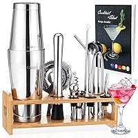 Cocktail Shaker Set Bartender Kit, Godmorn 16Pcs Boston Shaker Bar Tool Set, 304 Stainless Steel Martini Shaker with Bamboo Stand and Recipe Book, Drink Mixer Set for Home and Bar, Barware Set
