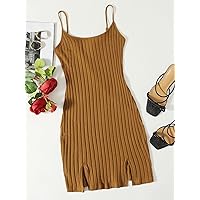 Women's Dress Ribbed Cami -Slit Bodycon Mini Dress (Color : Brown, Size : Medium)