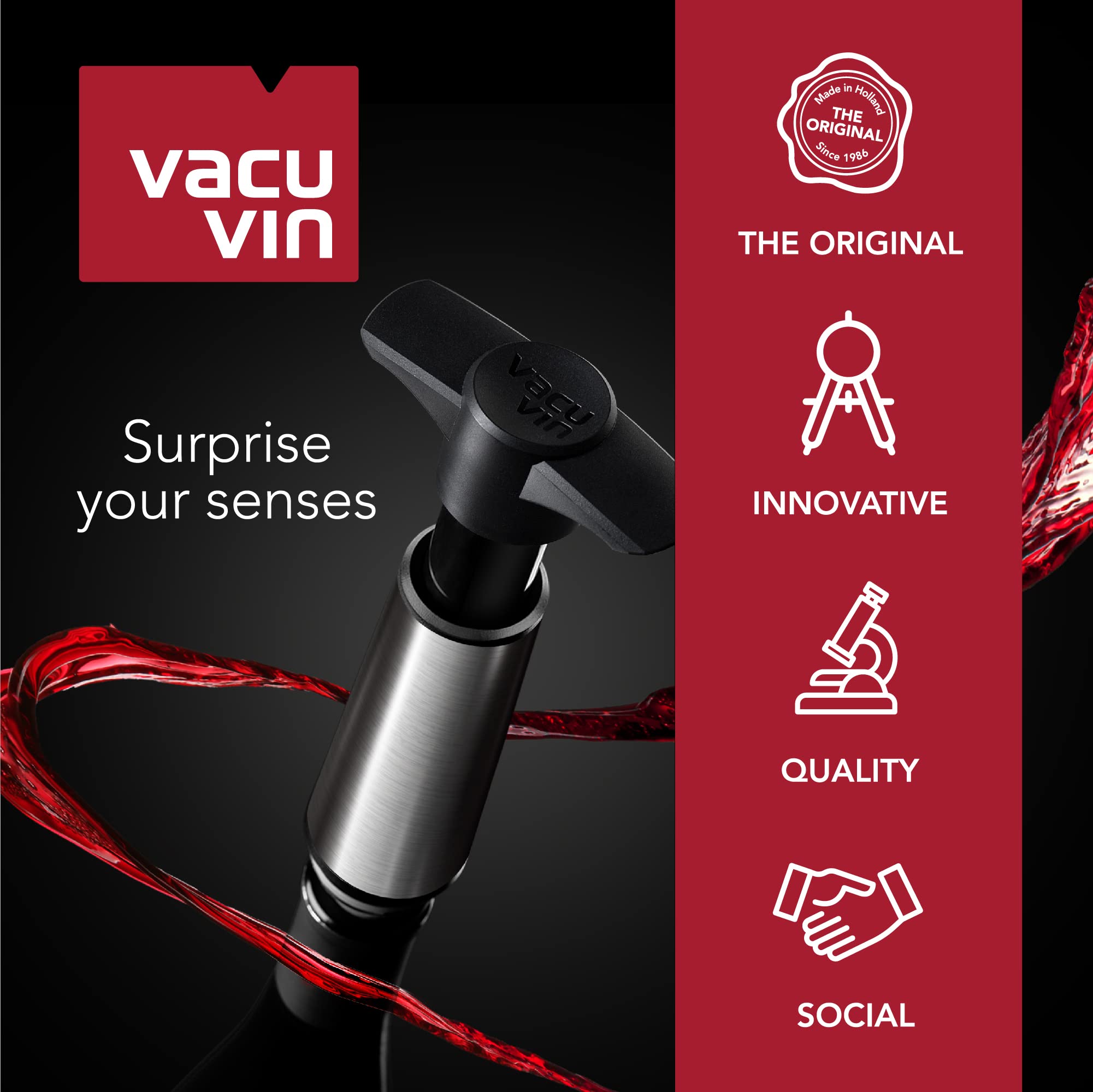 Vacu Vin Wine Saver Pump Black with Vacuum Wine Stopper - Keep Your Wine Fresh for up to 10 Days - 1 Pump 2 Stoppers - Reusable - Made in the Netherlands