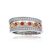 14K Two-Tone Gold Round Cubic Zirconia & Round Ruby 3-Stackable Millgrain Bands