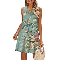 Dresses for Women 2024，Ladies Gradient Stripe Floral Printed Sleeveless Hollow Round Neck Beach Skeleton Dress