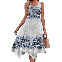 Spring Dresses for Women 2024 Plus Size Casual Round Neck Sleeveless Irregular Hem Floral Print Midi Dress