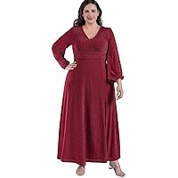 Women's Plus Size Slit Deep V-Neck Sparkle Evening Party A-ine Dresses, Formal Dresses with Sleeves