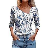 Womens Fall Tops Asymmetric Neck Long Sleeve Shirts Tunic Button Decorations Sweatshirt Floral Print Outfits Blouses