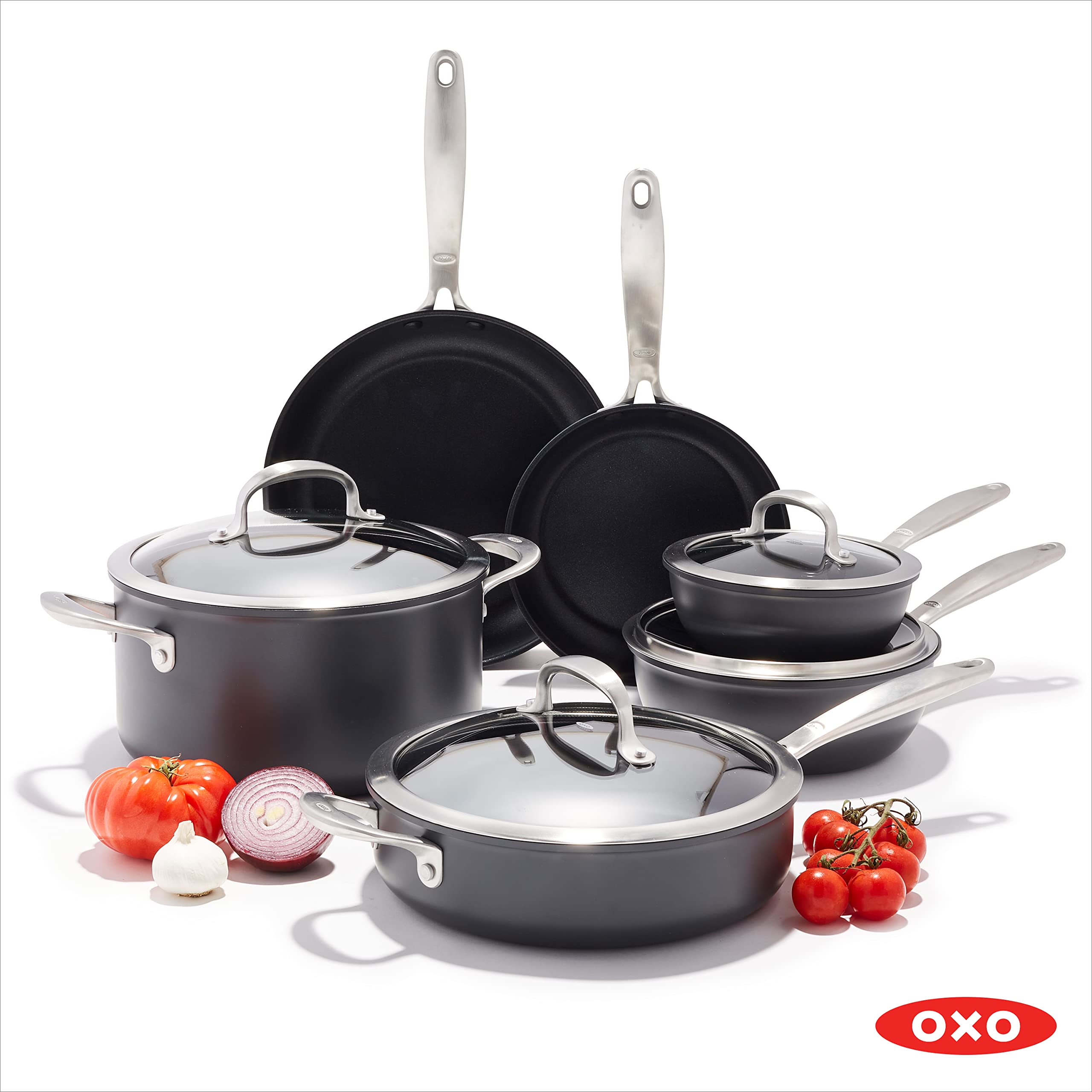 OXO Good Grips Pro 10 Piece Cookware Pots and Pans Set, 3-Layered German Engineered Nonstick Coating, Stainless Steel Handle, Dishwasher Safe, Oven Safe, Black