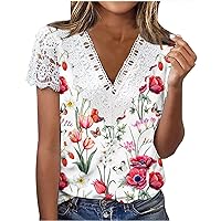 Women Flower Print Lace Short Sleeve V Neck Casual Tops Summer Fashion Loose Fitted Dressy T-Shirts for Going Out