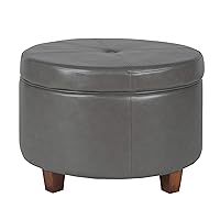 Round Leatherette Storage Ottoman with Lid, Charcoal Grey Large