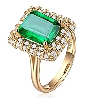 Vintage Women 18K Gold Rectangle Green Simulated Emerald Gemstone Crystal Band Rings Jewelry Size 6 to 10