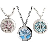 Wild Essentials Tree of Life, Flower of Life and Cross Essential Oil Diffuser Necklace Stainless Steel Locket Pendants with 24 inch Chains and 36 Refill Pads