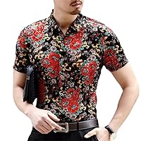 Men Red Transparent Shirts, Summer Short Sleeve Slim Fit Rose Print Shirt, Club Men Sexy Shirt