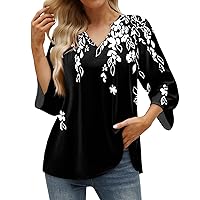3/4 Sleeve Tops for Women,Womens Summer V Neck Casual T Shirts Dressy Print Tee Soft Flowy Tunics Loose Fit Blouse
