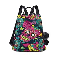 ALAZA Day of the Dead Colorful Sugar Skull With Floral Backpack with Keychain for Woman