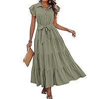 dowerme Women's Summer Casual Dresses 2024 Cap Ruffle Sleeve V Neck Button Belted Tiered Boho Maxi Dress with Pockets