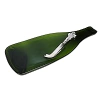Wine Bottle Cheese Board with Silver Cheese Spreader Knife made from Recycled Wine Bottles, Green