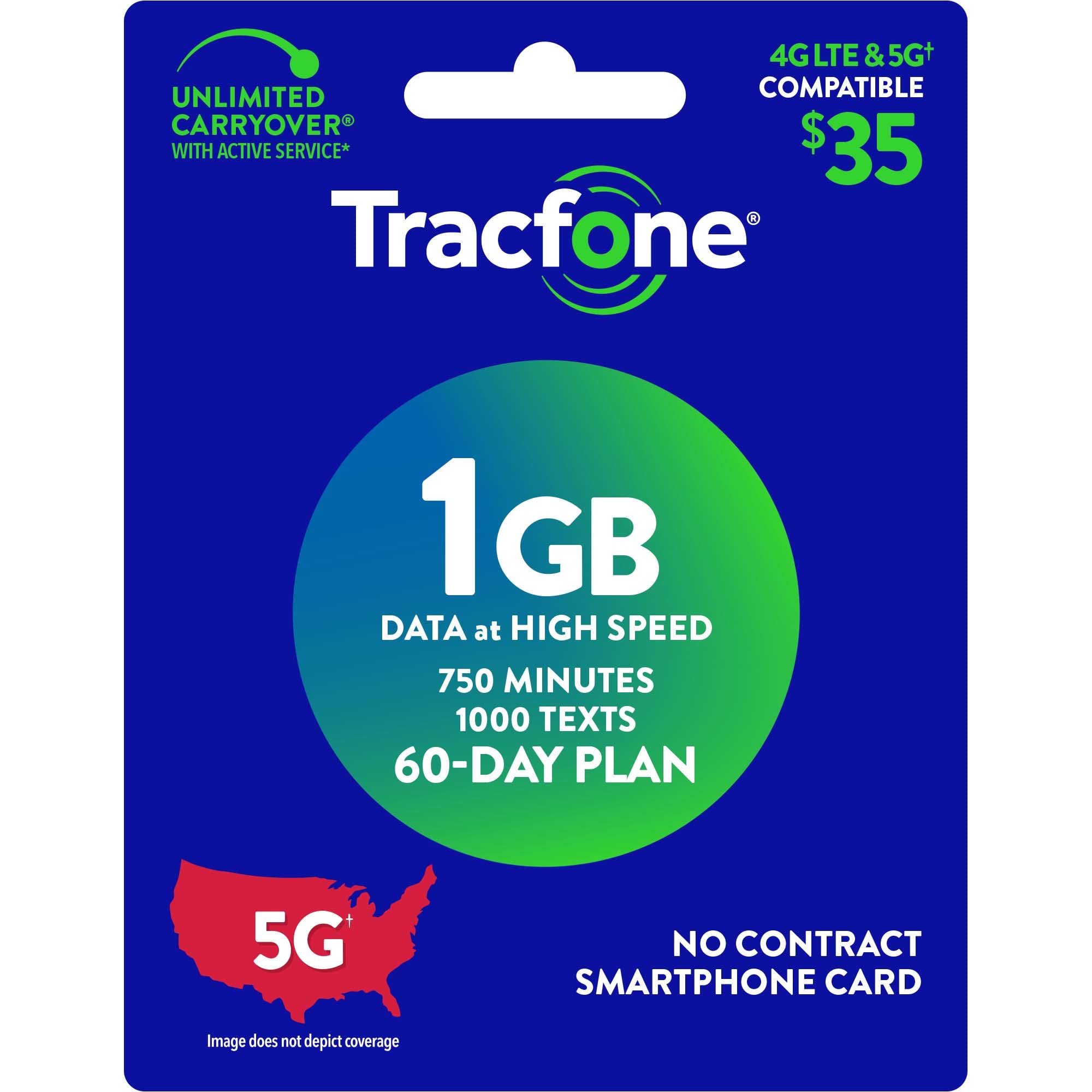 TracFone $35 750 Min, 1000 Text, 1GB Data 60–Day Plan [Physical Delivery]