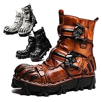 Men Genuine Leather Motorcycle Boots, Winter Riding Boots Military Combat Boots,Gothic Skull Punk Ankle Desert Boots