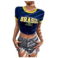 Women's Letter Graphic Round Neck Contrast Binding Crop Tee Short Sleeve Slim Fit Pullover T Shirt