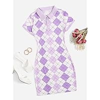 Argyle Pattern Polo Dress (Color : Purple, Size : Medium)