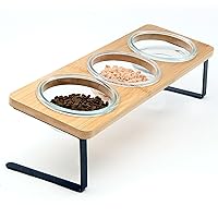 Elevated Cat Bowls, 15° Tilted Cat Food Bowl, Includes 3 Glass Cat Bowls, Bamboo Board, and Metal Stand for Cats and Puppies