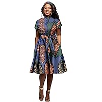 African Dresses for Women, O-Neck, Print Ruffles, Knee-Length Aline Fashion Dress with Turban Headwrap