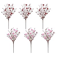6Pcs Valentines Flowers Artificial Stems Valentine's Day Decorations,Valentine's Day Gifts Berry Stems Floral Picks 3 Red 3 Pink Heart Shaped for Wedding Party Wreaths Home Office Decor