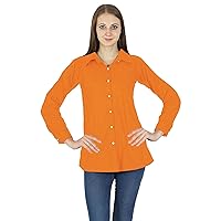 Casual Long Sleeves Boho Top for Women Shirt Collar Solid Summer Cotton Tunic Tops Orange
