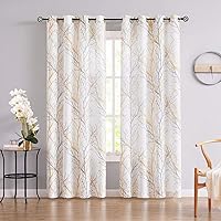 FMFUNCTEX Tree Print Yellow Grey and White Curtains for Living Room Windows - Linen Textured Grommet Branches Pattern Window Treatment Set for Bedroom - 50
