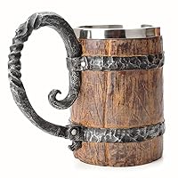 Vintage Faux Oak Wood Barrel Beer Mug, Medieval Retro Viking Stainless Steel Coffee Cup Stein Tankard,17oz/500ML Cup Mug,Unique Gift