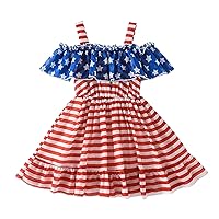 4th of July Toddler Baby Girls Dresses Star Stripes Ruffle Strap Off Shoulder Dresses Patriotic Independence Day Outfit