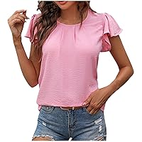 Summer Tops for Women Cute Short Ruffle Sleeve Crewneck Tshirts Tees Dressy Casual Work Blouses Trendy Solid Shirts