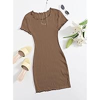 Dresses for Women - Lettuce Trim Rib-Knit Bodycon Dress (Color : Brown, Size : X-Large)