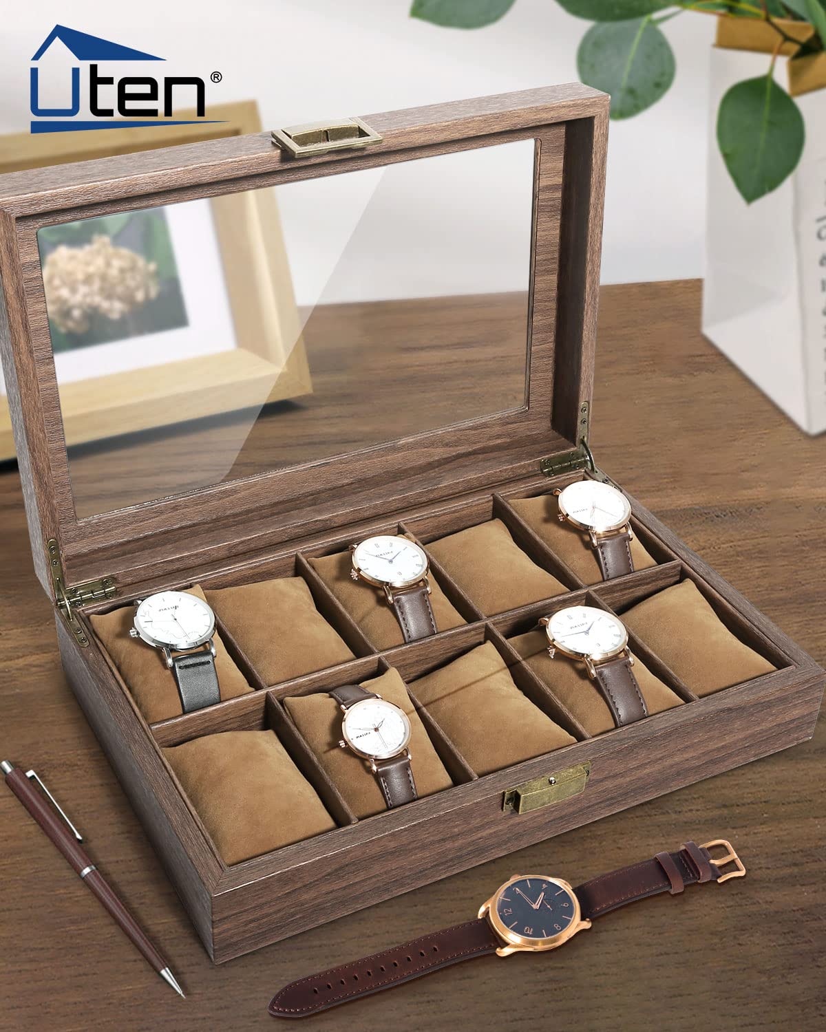 Uten 10 Slots Watch Box, Watch Case Organizer with Real Glass Lid, Wood Grain PU Leather Watch Display Storage Box with Removable Imitation Suede Watch Pillows, Metal Clasp, Gift for Men and Women