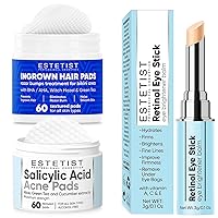 Ingrown Hair Pads 60 Count & Retinol Eye Stick Brightener Balm & Salicylic Acid Acne Pads 60 Count Daily Skin Care Treatment For Body Neck Face And Eyes For Teens Women & Men