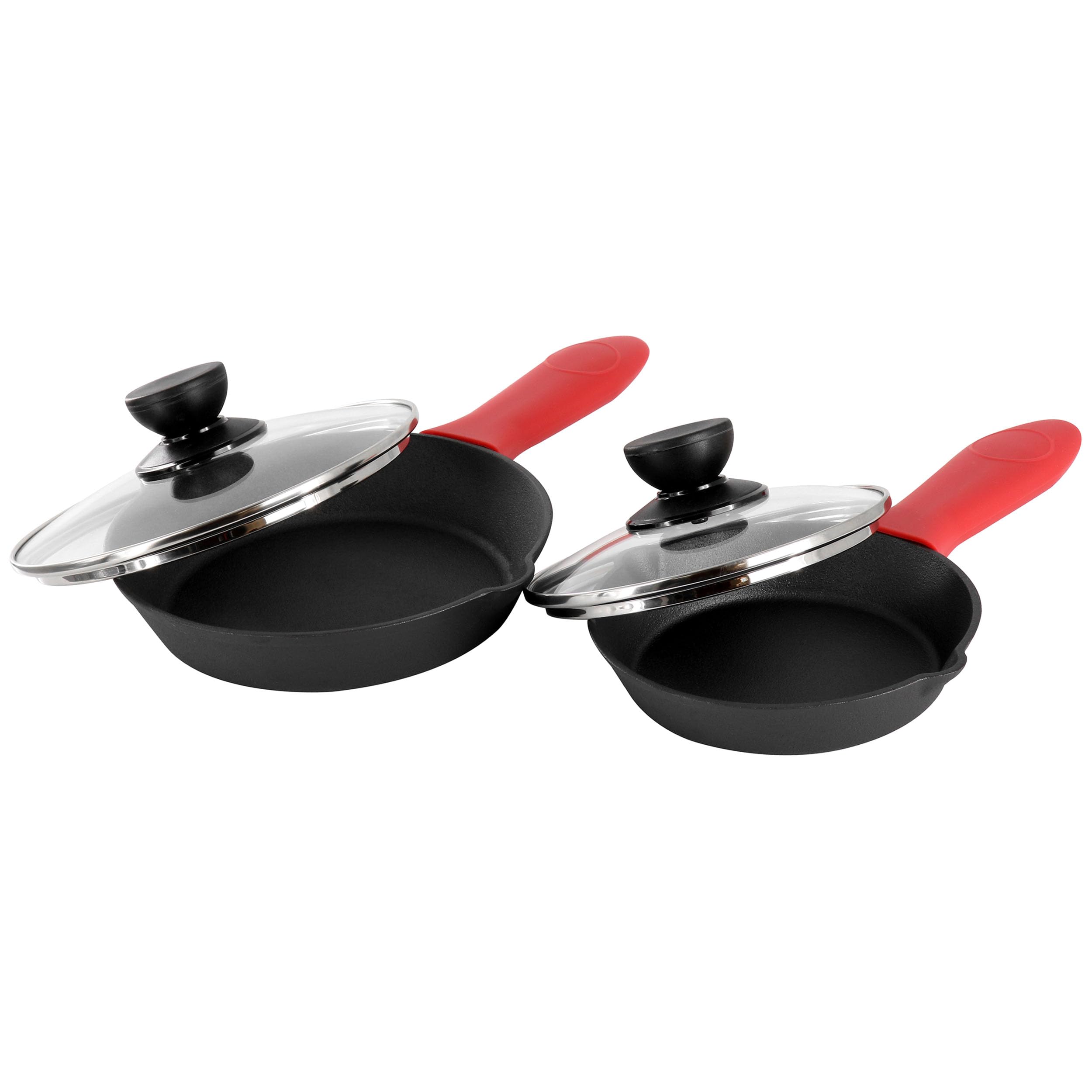 Megachef 13 Piece Pre-Seasoned Cast Iron Skillet Set with Temperd Glass Lids and Silicone Holders