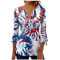 4th of July Funny Shirt 3/4 Length Sleeve Plus Size Trendy Crewneck Blouse 2024 Independence Day T-Shirt