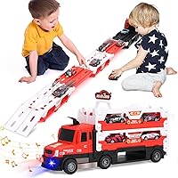 Car Transporter Toy Truck for Toddlers 3-5 with 55-Inch Ejection Race Track, Deform Catapulting and Shooting Folding Storage Car Carrier with 6 Race Cars Gift for Kids Ages 3-5, 4-8