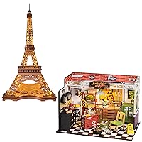 ROBOTIME Miniature House Kit DIY Mini Dollhouse Garage Workshop + 3D Puzzle for Adults DIY Model Building Kit Wooden Eiffel Tower