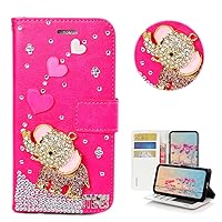 STENES Bling Wallet Phone Case Compatible with Samsung Galaxy S24 5G Case - Stylish - 3D Handmade Heart Cute Elephant Design Magnetic Wallet Stand Girls Women Leather Cover - Hot Pink