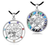 Sterling Silver Pentagram Necklace for Women Man, Tetragrammaton Abalone Shell Amulet Chakra Protection Pentacle Star Pendant, Wiccan Jewelry Gift for Wife Husband Boys, 24 Inch